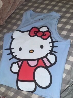 Hello Kitty Light Blue Ribbed Tank with Red Bow Graphic